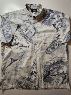 Vintage Guy Harvey Blue on White Nautical Camp Shirt